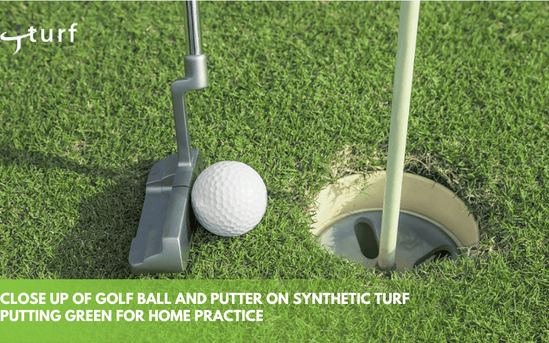 Guía de mantenimiento de putting green: Consejos sencillos para el cuidado del césped artificial 2 Primer plano de una pelota de golf y un putter en un green de césped sintético para practicar en casa