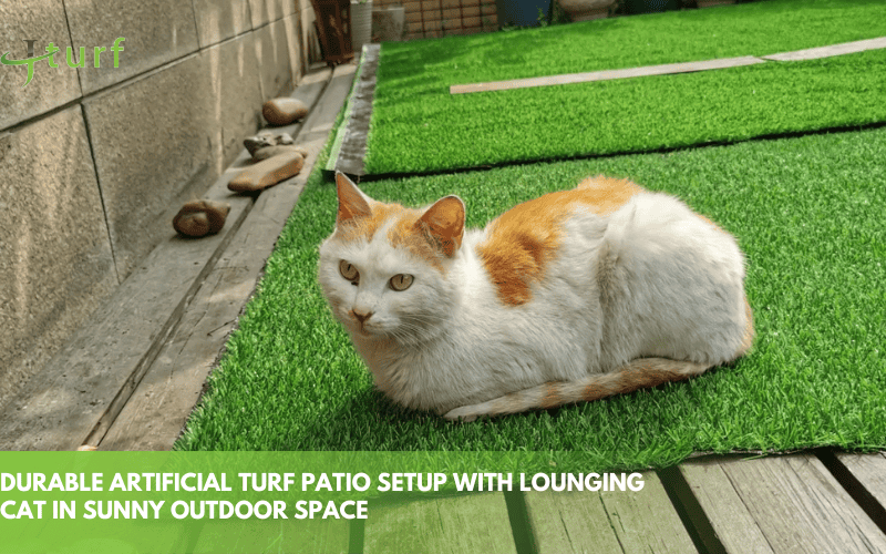 El mejor relleno de césped artificial para mascotas: qué elegir y por qué 2 Instalación de patio con césped artificial duradero con gato descansando en un espacio exterior soleado