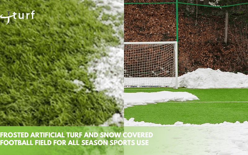 Retirada de nieve del césped artificial: herramientas, consejos y soluciones de cuidados posteriores 1 Césped artificial esmerilado y campo de fútbol cubierto de nieve para uso deportivo durante toda la temporada.