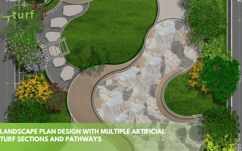 30 ideas creativas para césped delantero: diseños económicos y de bajo mantenimiento 1 Diseño de plan de paisaje con múltiples secciones de césped artificial y caminos.