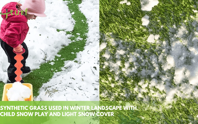 Retirada de nieve del césped artificial: herramientas, consejos y soluciones de cuidados posteriores 2 Césped sintético utilizado en paisajes invernales con juegos de nieve para niños y una ligera capa de nieve.